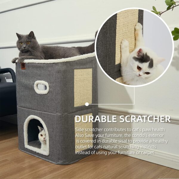 CATBOAT 2-Storey Cat House for Indoor Cats Bed, Covered Cat Beds & Furniture with Scratch Pad and Hideaway Cave, Cute Modern Cat Condo for Multi Small Pet Large Kitten Kitty, Grey - Image 2