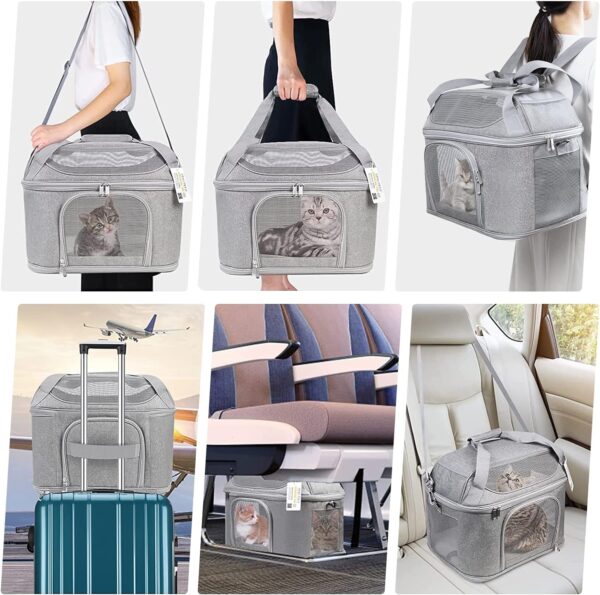 Large Cat Carrier for 2 Cats, Soft Side Pet Carrier for Cats Small Dog, Collapsible Travel Dog Carrier Bag, OEKO-TEX Certified TSA Airline Approved Cat Carrier Backpack for Cats 20 lbs (Gray) - Image 4