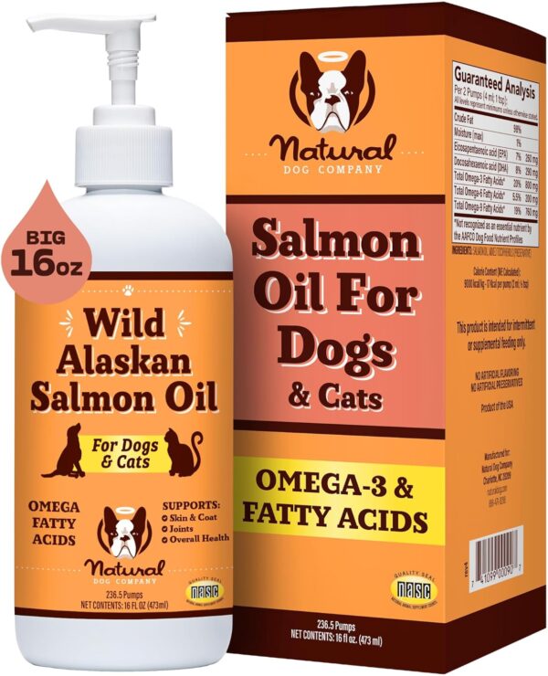 Natural Dog Company 100% Pure Wild Alaskan Salmon Oil for Dogs (16oz) Skin & Coat Dog Fish Oil supplements, Dog Oil for Food with Essential Fatty Acids, Fish Oil Dogs, Omega 3 Fish Oil for dogs