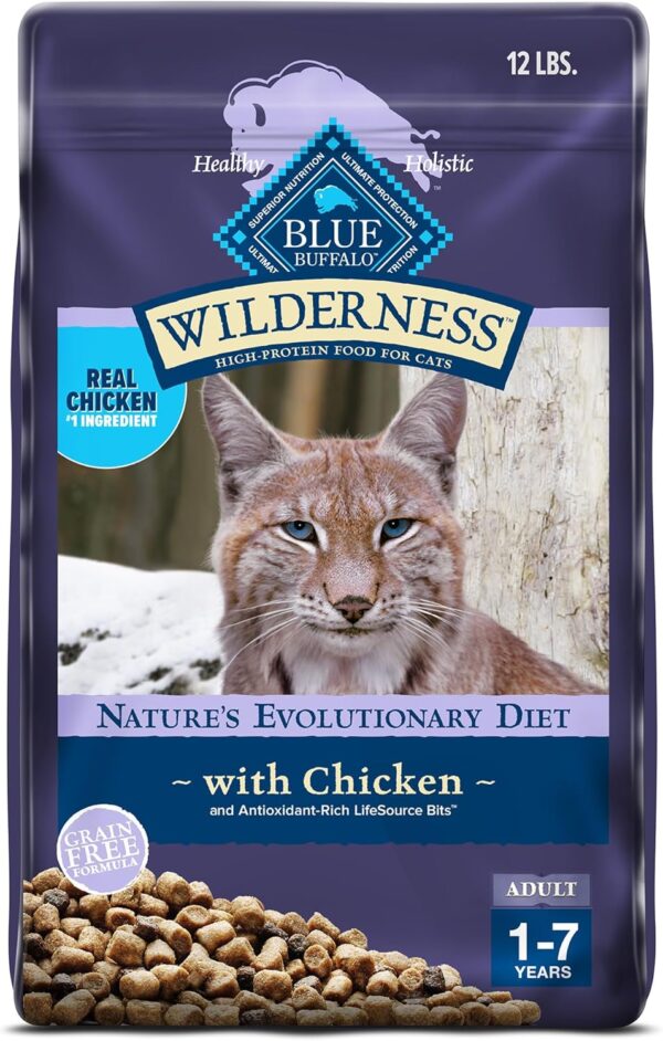 Blue Buffalo Wilderness Natural Adult Dry Cat Food, High-Protein and Grain-Free Diet, Supports Healthy Muscle Development and a Healthy Immune System, Chicken, 12-lb. Bag