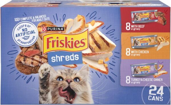 Purina Friskies Gravy Wet Cat Food Variety Pack, Shreds Beef, Chicken and Turkey & Cheese Dinner - (Pack of 24) 5.5 oz. Cans