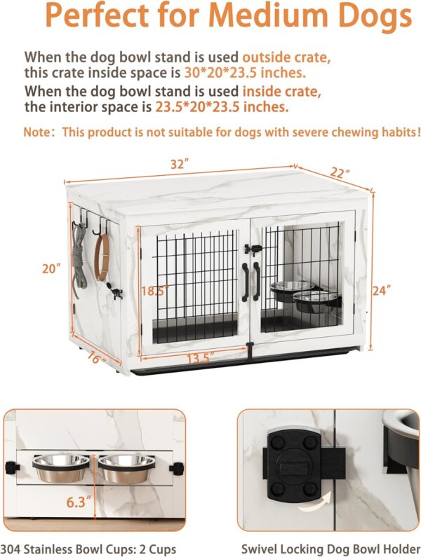 Piskyet Wooden Dog Crate Furniture with 360°Rotatable Removable Dog Bowls, Dog Crate End Table with Tray, Double Doors Dog Kennels for Dogs(M:31.8" L*22.1" W*24.1" H,Marble White) - Image 2