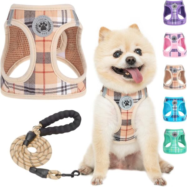 BEAUTYZOO Small Plaid Dog Harness and Leash Set for XS S Pets, Step in No Chock No Pull Soft Mesh Dog Vest Harnesses Reflective for Extra-Small/Small Medium Puppy Dogs and Cats, Beige S