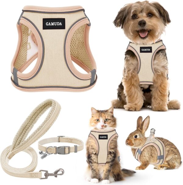 GAMUDA Small Pet Harness Collar and Leash Set, Step in No Chock No Pull Linen Fabric Soft Mesh Dog Vest Harnesses Reflective for Dogs Puppy Cats Kitten Rabbit (Khaki, S)