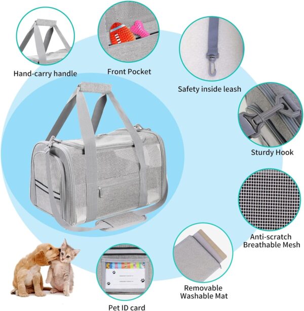 Pet Carrier Soft Sided Cat Carrier for Small Medium Cats Puppies up to 15 Lbs, TSA Airline Approved Carrier Collapsible Travel Puppy Carrier with Reflective Strip, Grey - Image 5