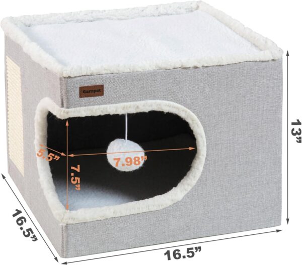 Cat Bed for Indoor Cats Cube House, Covered Cat Cave Beds & Furniture with Scratch Pad and Hideaway Tent, Cute Modern Cat Condo for Multi Small Pet Large Kitten Kitty, Grey - Image 2