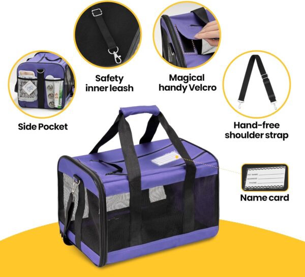 Cat Carrier Airline Approved, Soft-Sided Dog Carrier with Inner Safety Leash, Pet Transport Carrier for Small-Medium Cats Puppies up to 15 Lbs, Collapsible Travel Kitten Carrier Bag -Purple M - Image 5