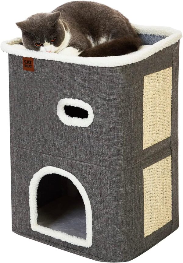 CATBOAT 2-Storey Cat House for Indoor Cats Bed, Covered Cat Beds & Furniture with Scratch Pad and Hideaway Cave, Cute Modern Cat Condo for Multi Small Pet Large Kitten Kitty, Grey - Image 6