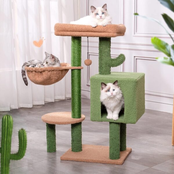 Cactus Cat Tree 34 Inches Small Cat Tower with Padded Top Perch, Comfy Hammock, Private Condo, Fully Scratching Post and Dangling Bell Ball for Indoor Cats- Khaki - Image 7