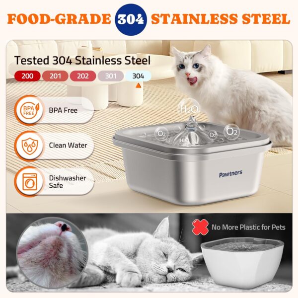 Cat Water Fountain Stainless Steel, 3.5L/118oz Cat Fountain, Automatic Dog Drinking Dispenser with 6 Filters, Metal Pet Water Bowl Indoor, Quiet Pump, Easy Cleaning, Silver - Image 2