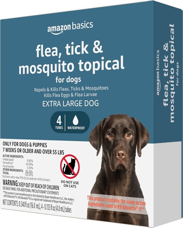 Amazon Basics Flea, Tick & Mosquito Topical for X-Large Dog (over 55 pounds), 4 Count