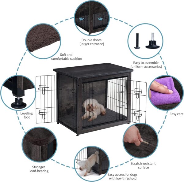 DWANTON Dog Crate Furniture with Cushion, Wooden Crate with Double Doors, Dog Kennel Indoor for Small/Medium/Large Dog, End Table, Small, 27.2" L, Dark Grey - Image 5