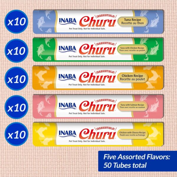 INABA Churu Cat Treats, Grain-Free, Lickable, Squeezable Creamy Purée Cat Treat/Topper with Vitamin E & Taurine, 0.5 Ounces Each Tube, 50 Tubes, Tuna & Chicken Variety - Image 3