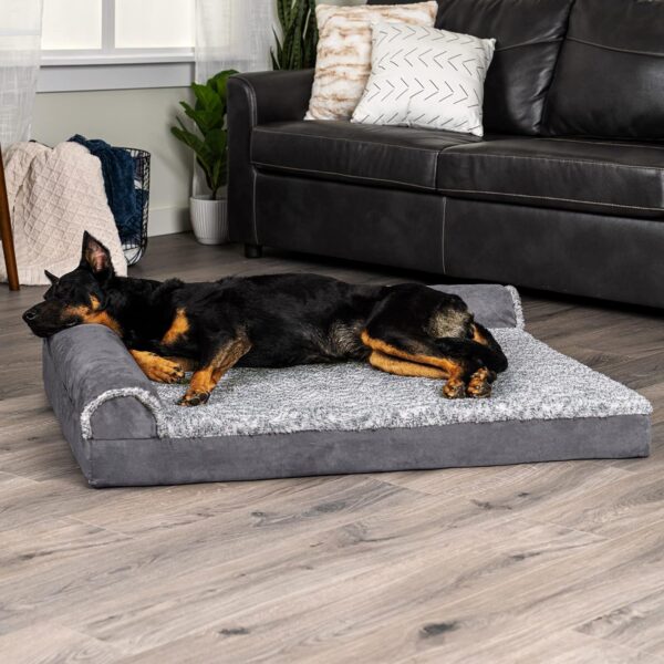 Furhaven Orthopedic Dog Bed for Large Dogs w/ Removable Bolsters & Washable Cover, For Dogs Up to 95 lbs - Two-Tone Plush Faux Fur & Suede L Shaped Chaise - Stone Gray, Jumbo/XL - Image 3