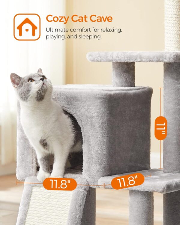 Feandrea Cat Tree, 46.5-Inch Cat Tower for Indoor Cats, Multi-Level Plush Cat Condo, Scratching Post, Ramp, 3 Removable Pompom Sticks, Cat Cave, Light Gray UPCT143W01 - Image 4