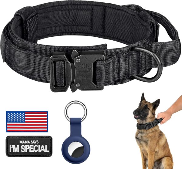 DAGANXI Tactical Dog Collar, Adjustable Military Training Nylon Dog Collar with Control Handle and Heavy Metal Buckle for Medium and Large Dogs, with Patches and Airtags Case (L, Black)