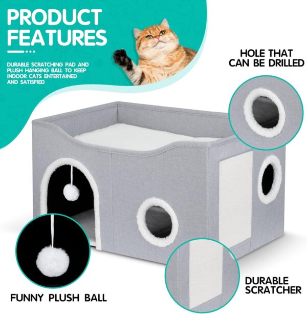 Heeyoo Cat House for Indoor Cats - Large Cat Bed Cave with Fluffy Ball and Scratch Pad, Foldable Cat Condos, Cat Cubes, Cat Hideaway, Covered Cat Bed - Image 4