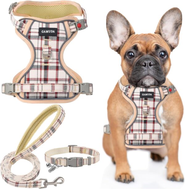 GAMUDA Dog Harness Collar and Leash Set, Dog Harness, No Chock No Pull Adjustable Vest Harnesses Plaid Reflective for Medium Dog, Cat, Small Horse, Small Bull and Pig (Beige, S)