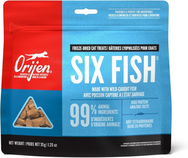 ORIJEN Six Fish Freeze Dried Cat Treats, Grain Free Treats for Cats, Raw Animal Ingredients, 1.25oz