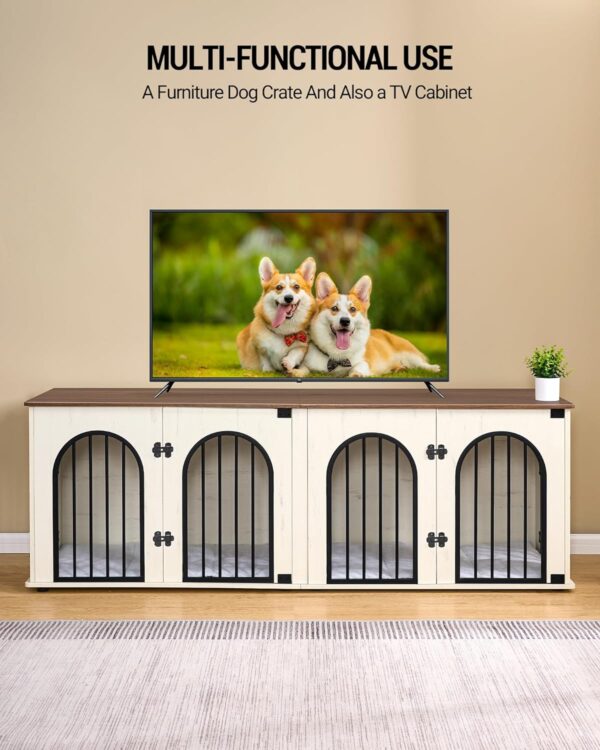 Dog Crate Furniture, 71" Heavy Duty Dog Kennels with Removable Divider, TV Cabinets, Wooden Dog Crate for 2 Dogs, with Cushion, Chew-Resistant, White and Brown DFC81914B - Image 5