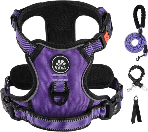 IVY&LANE No Pull Dog Harness for Small Dogs, Dog Vest Harness with Leash, Safety Belt and Storage Strap, Fully Adjustable Harness, 360° Reflective Strip, Soft Handle (Purple, S)