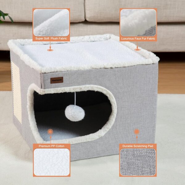 Cat Bed for Indoor Cats Cube House, Covered Cat Cave Beds & Furniture with Scratch Pad and Hideaway Tent, Cute Modern Cat Condo for Multi Small Pet Large Kitten Kitty, Grey - Image 6