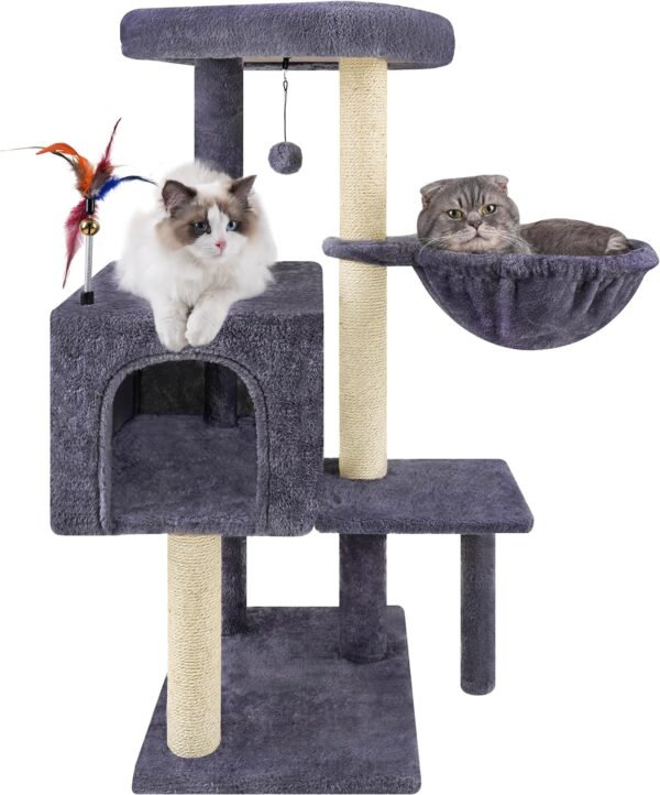 Multifunction Cat Tree has Cozy Hammock & Hanging Ball, Cat Tower with Activity Centre Furniture & Jute-Covered Scratching Posts Grey