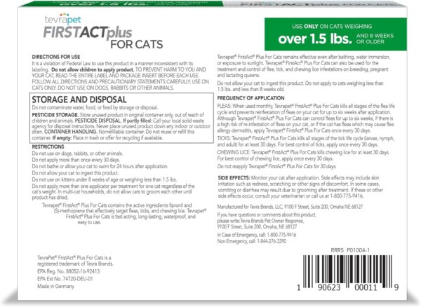 TevraPet FirstAct Plus Flea and Tick Topical for Cats over 1.5lbs, 3 Dose Waterproof Flea and Tick Control/Prevention for 3 Months - Image 8