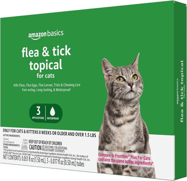 Amazon Basics Flea and Tick Topical Treatment for Cats (over 1.5 pounds), 3 Count (Previously Solimo)