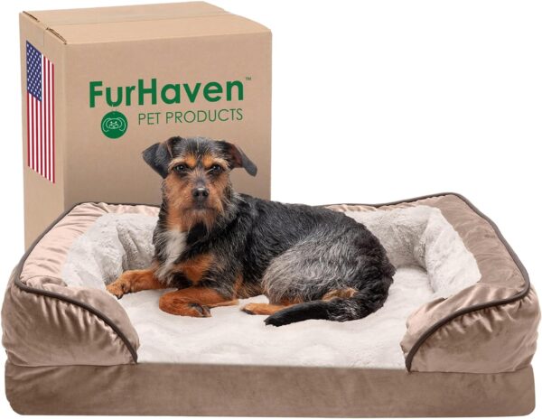 Furhaven Memory Foam Dog Bed for Medium/Small Dogs w/ Removable Bolsters & Washable Cover, For Dogs Up to 35 lbs - Plush & Velvet Waves Perfect Comfort Sofa - Brownstone, Medium