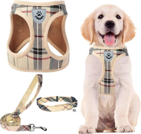 PUPTECK Adjustable Dog Harness Collar and Leash Set Step in No Pull Pet Harness for Small Medium Dogs Puppy and Cats Outdoor Walking Running, Soft Mesh Padded Reflective Vest Harnesses, Beige S