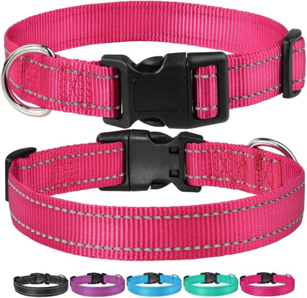 Reflective Dog Collar with Buckle Adjustable Safety Nylon Collars for Small Medium Large Dogs, Pink S - Image 6