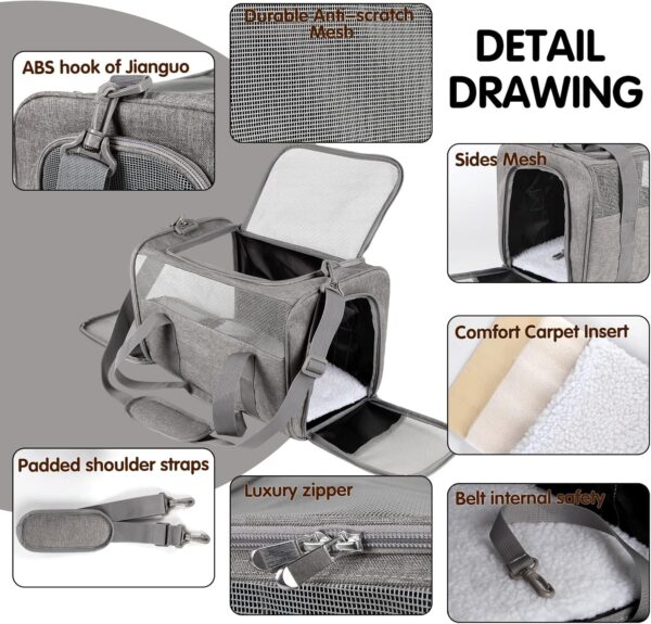 Cat Carrier, Soft-Sided Airline Approved Pet Carrier Case with 4 Ventilated Windows for Cats and Dogs Under 10-25Lbs (17.0 L x 11.0 W x 11.0 H Inch, Grey) - Image 3