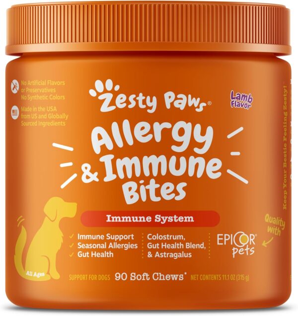 Zesty Paws Dog Allergy Relief - Anti Itch Supplement - Omega 3 Probiotics for Dogs - Digestive Health - Soft Chews for Skin & Seasonal Allergies - with Epicor Pets - Lamb - 90 Count