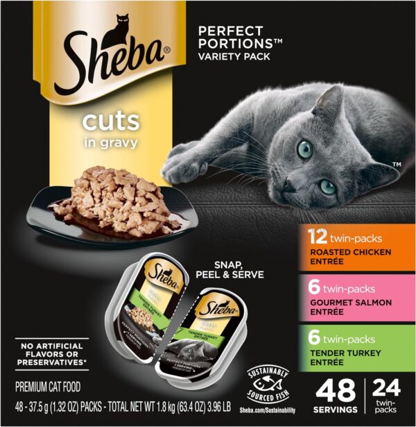 SHEBA Perfect Portions Cuts in Gravy Wet Cat Food Trays (24 Count, 48 Servings), Roasted Chicken, Gourmet Salmon and Tender Turkey Entrée Variety Pack, Easy Peel Twin-Pack Trays