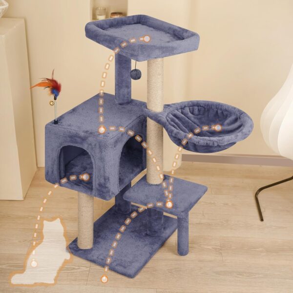 Multifunction Cat Tree has Cozy Hammock & Hanging Ball, Cat Tower with Activity Centre Furniture & Jute-Covered Scratching Posts Grey - Image 5