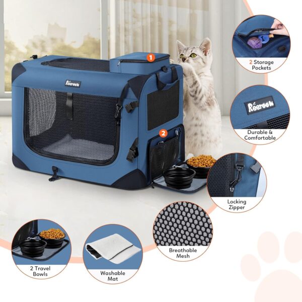 Large Cat Carrier 24"x17"x17", Soft Dog Crate with 2 Bowls, Collapsible Travel Pet Carrier Bag for Cats Dogs Puppies Kittens (Navy) - Image 7