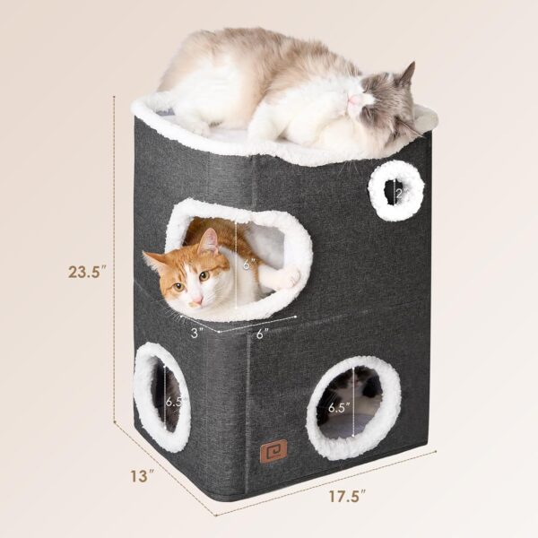 EHEYCIGA 2-Storey Cat House for Indoor Cats Bed Cube, Covered Cat Cave Beds & Furniture with Scratch Pad and Hideaway, Modern Cat Hideout Condos for Multi Pet Large Kitten Kitty, 23.5" H, Grey - Image 2