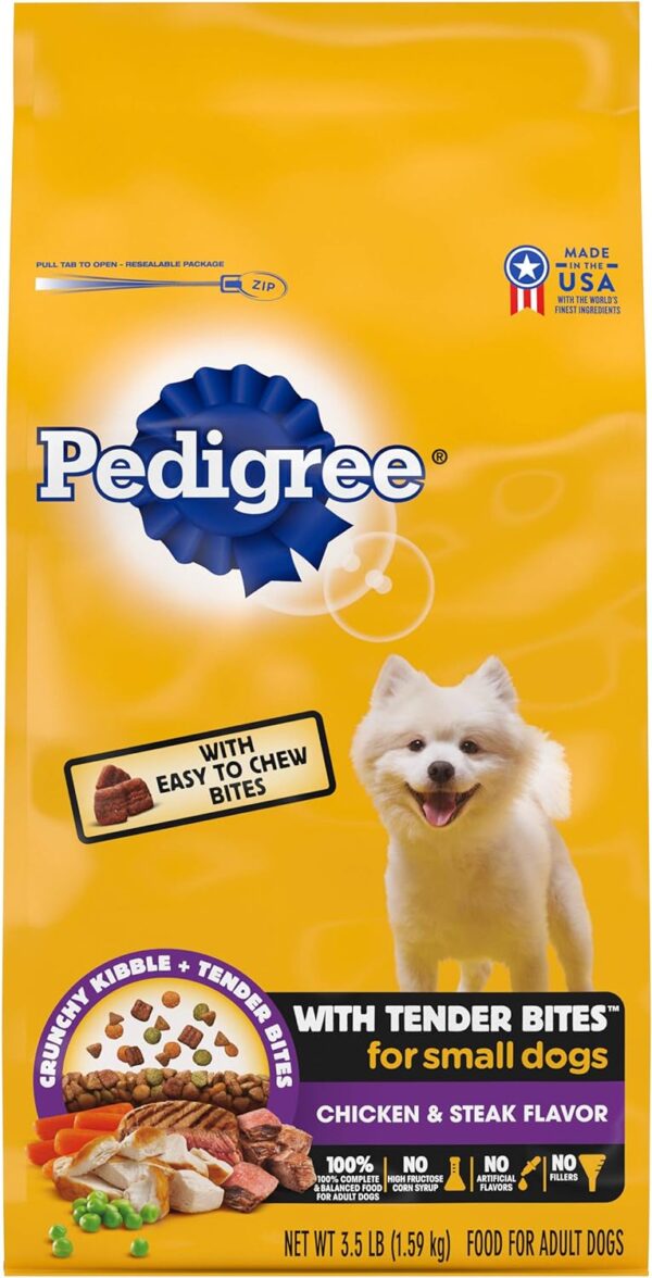 PEDIGREE with Tender Bites Small Dog Complete Nutrition Small Breed Adult Dry Dog Food, Chicken & Steak Flavor Dog Kibble, 3.5 lb. Bag