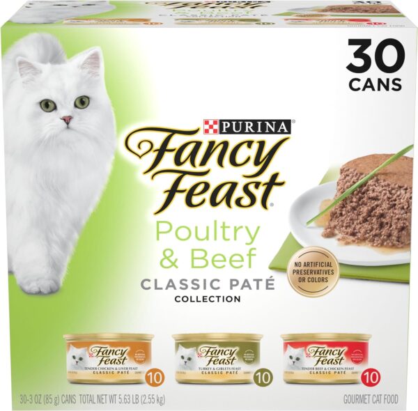 Fancy Feast Poultry and Beef Feast Classic Pate Collection Grain Free Wet Cat Food Variety Pack - (Pack of 30) 3 oz. Cans