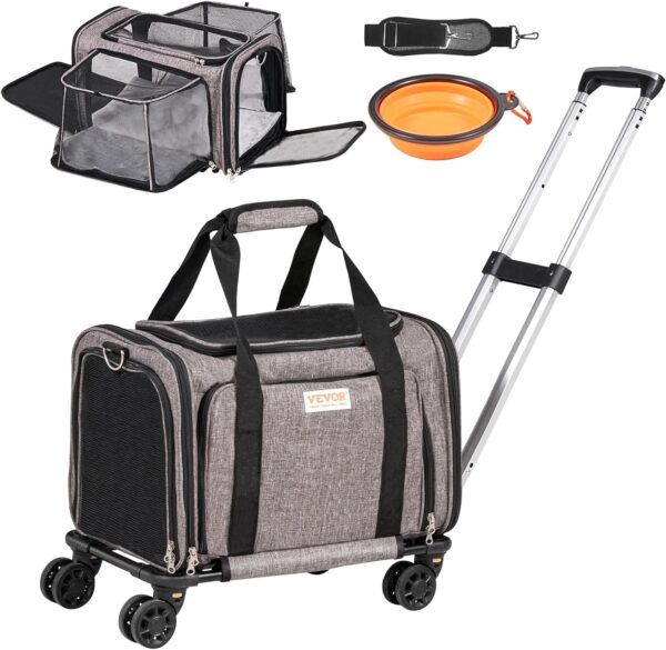 VEVOR Airline Approved PetCarrier with Wheels,Rolling CatDog Carrier,PetTravel Carrier on Wheels with Upgraded Wheels and Telescopic Handle,Expandable Carrier for under 25lbs-Grey,17.5"Lx11.2"Wx11.4"H