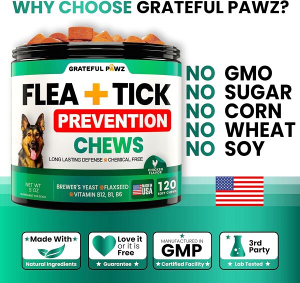 Flea and Tick Prevention for Dogs Chewables - Made in USA - Natural Flea and Tick Chews Supplement for Dogs - Oral Flea Pills for Dogs - Pest Defense - All Breeds and Ages - 120 Soft Tablets - Image 5