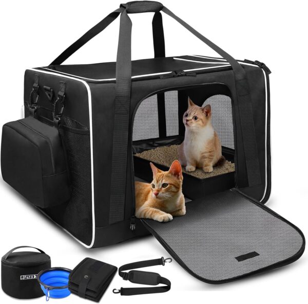 24"x17"x17" Pet Carrier for Large Cats or Medium Dogs - Car Travel Carrier with Litter Box, Bowl, and Locking Zipper