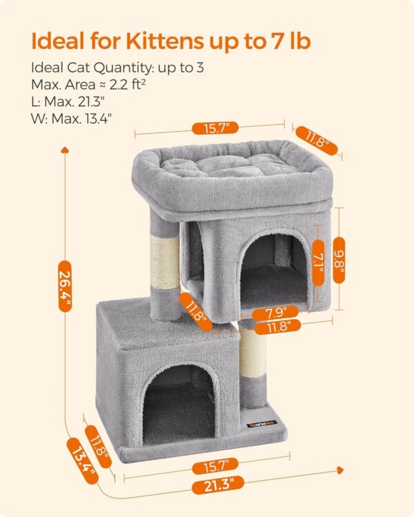 Feandrea Cat Tree, 26.4-Inch Cat Tower, S, Cat Condo for Kittens up to 7 lb, Large Cat Perch, 2 Cat Caves, Scratching Post, Light Gray UPCT611W01 - Image 6