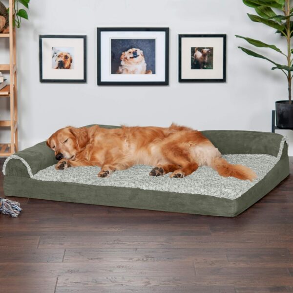 Furhaven Orthopedic Dog Bed for Large Dogs w/ Removable Bolsters & Washable Cover, For Dogs Up to 95 lbs - Two-Tone Plush Faux Fur & Suede L Shaped Chaise - Dark Sage, Jumbo/XL - Image 3