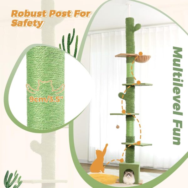 Floor to Ceiling Cat Tree Ajustable Height [82-108 Inches=208-275cm] 6 Tiers Tower Fit for 7-9 Feet Ceiling with Cat Condo Hammock and Sisal Covered Post for Indoor Cats-Green Cactus - Image 3