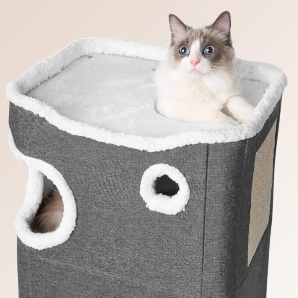 EHEYCIGA 2-Storey Cat House for Indoor Cats Bed Cube, Covered Cat Cave Beds & Furniture with Scratch Pad and Hideaway, Modern Cat Hideout Condos for Multi Pet Large Kitten Kitty, 23.5" H, Grey - Image 8