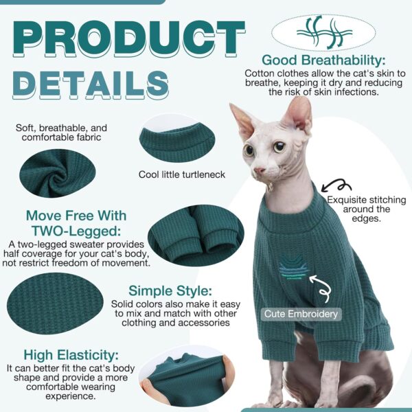 ROZKITCH Sphynx Cat Clothes, Breathable Hairless Cat Shirt with Sleeves, Turtleneck Kitten Pullover Pajamas Outfit for Cornish Rex, Devon Rex, Peterbald, Puppy Small Dogs All Seasons Green M - Image 2