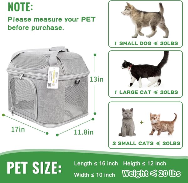 Large Cat Carrier for 2 Cats, Soft Side Pet Carrier for Cats Small Dog, Collapsible Travel Dog Carrier Bag, OEKO-TEX Certified TSA Airline Approved Cat Carrier Backpack for Cats 20 lbs (Gray) - Image 3