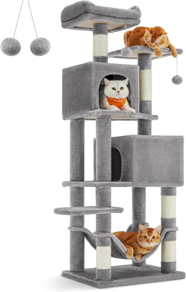 Feandrea Cat Tree, 61-Inch Cat Tower for Indoor Cats, Plush Multi-Level Cat Condo with 5 Scratching Posts, 2 Perches, 2 Caves, Hammock, 2 Pompoms, Light Gray UPCT192W01